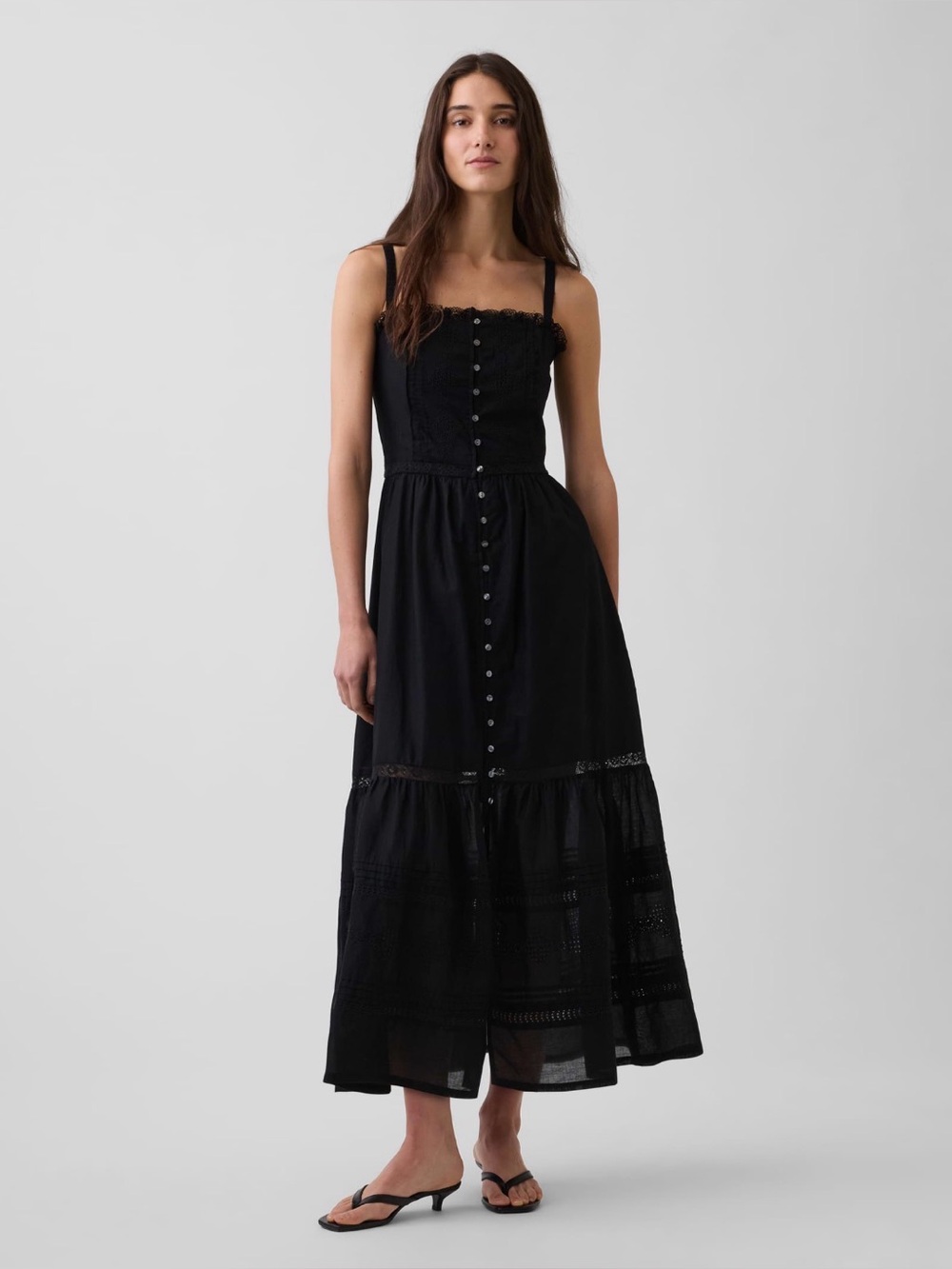 NWT Gap Eyelet Tiered Maxi Black Dress size Medium.